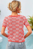 Checkered Short Sleeve Knit Top - Trendsi - Flyclothing LLC