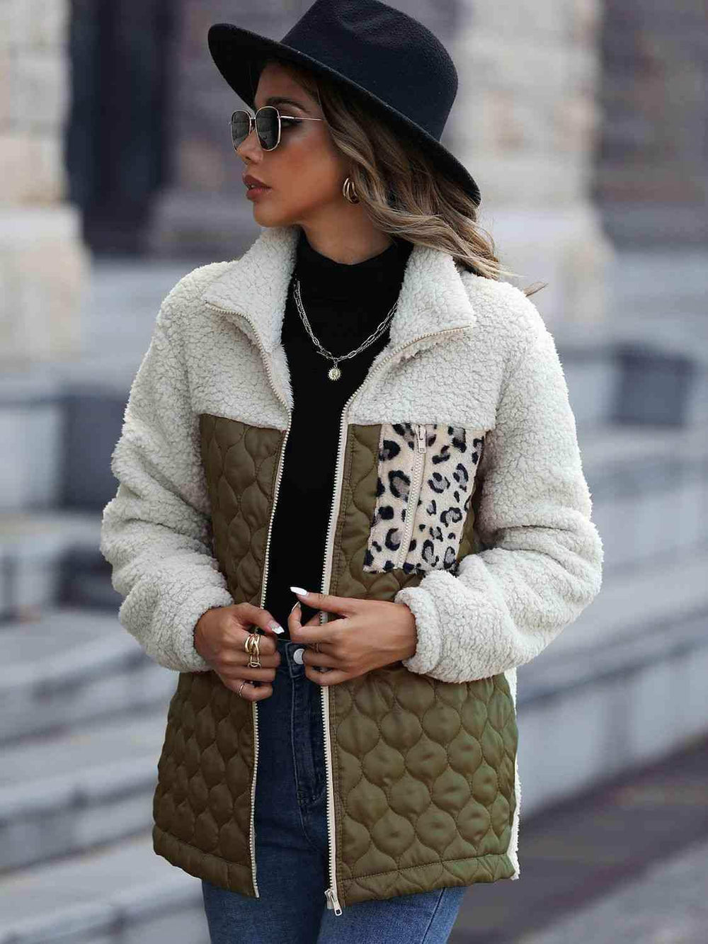 Leopard Color Block Zip-Up Jacket - Trendsi - Flyclothing LLC