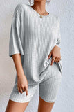 Round Neck Ribbed Top and Shorts Lounge Set - Trendsi - Flyclothing LLC
