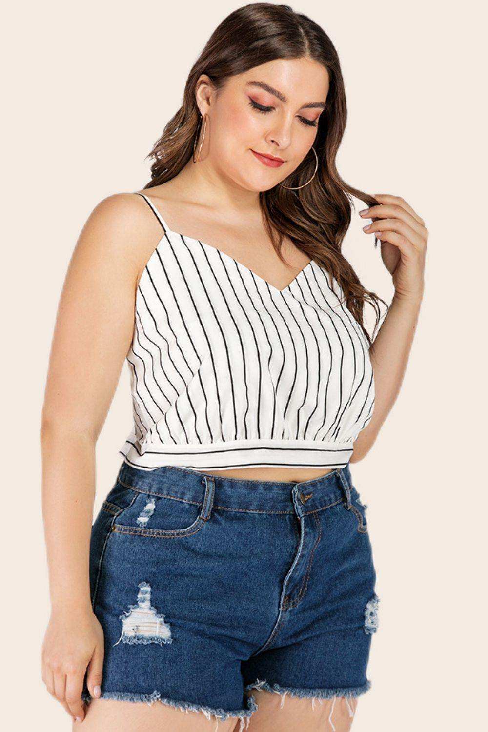Plus Size Striped Tie-Back Cropped Cami - Trendsi - Flyclothing LLC