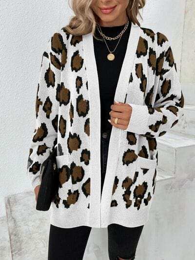 Leopard Open Front Dropped Shoulder Cardigan - Trendsi - Flyclothing LLC