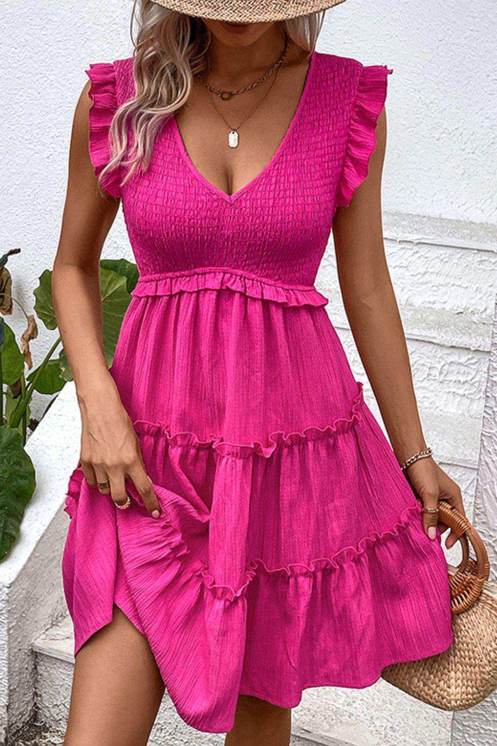 Smocked Frill Trim Deep V Dress - Trendsi - Flyclothing LLC