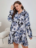 Plus Size Floral Lapel Collar Long Sleeve Night Dress - Trendsi - Flyclothing LLC