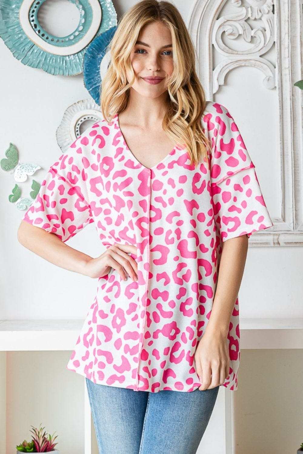 Heimish Full Size Leopard Exposed Seam Short Sleeve Top - Trendsi - Flyclothing LLC