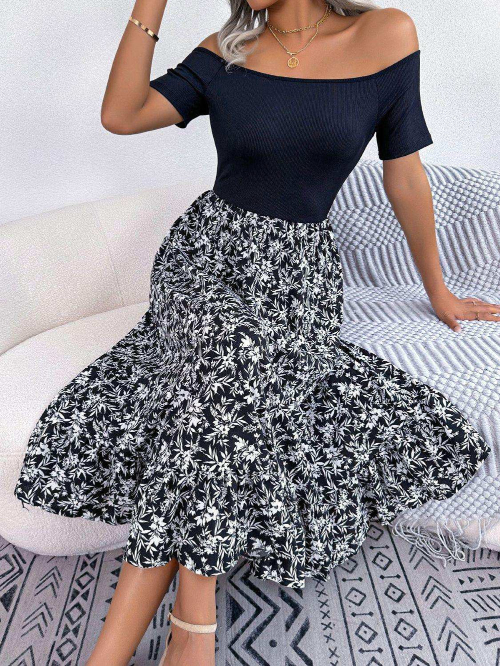 Printed Off-Shoulder Ruffle Hem Dress - Trendsi - Flyclothing LLC