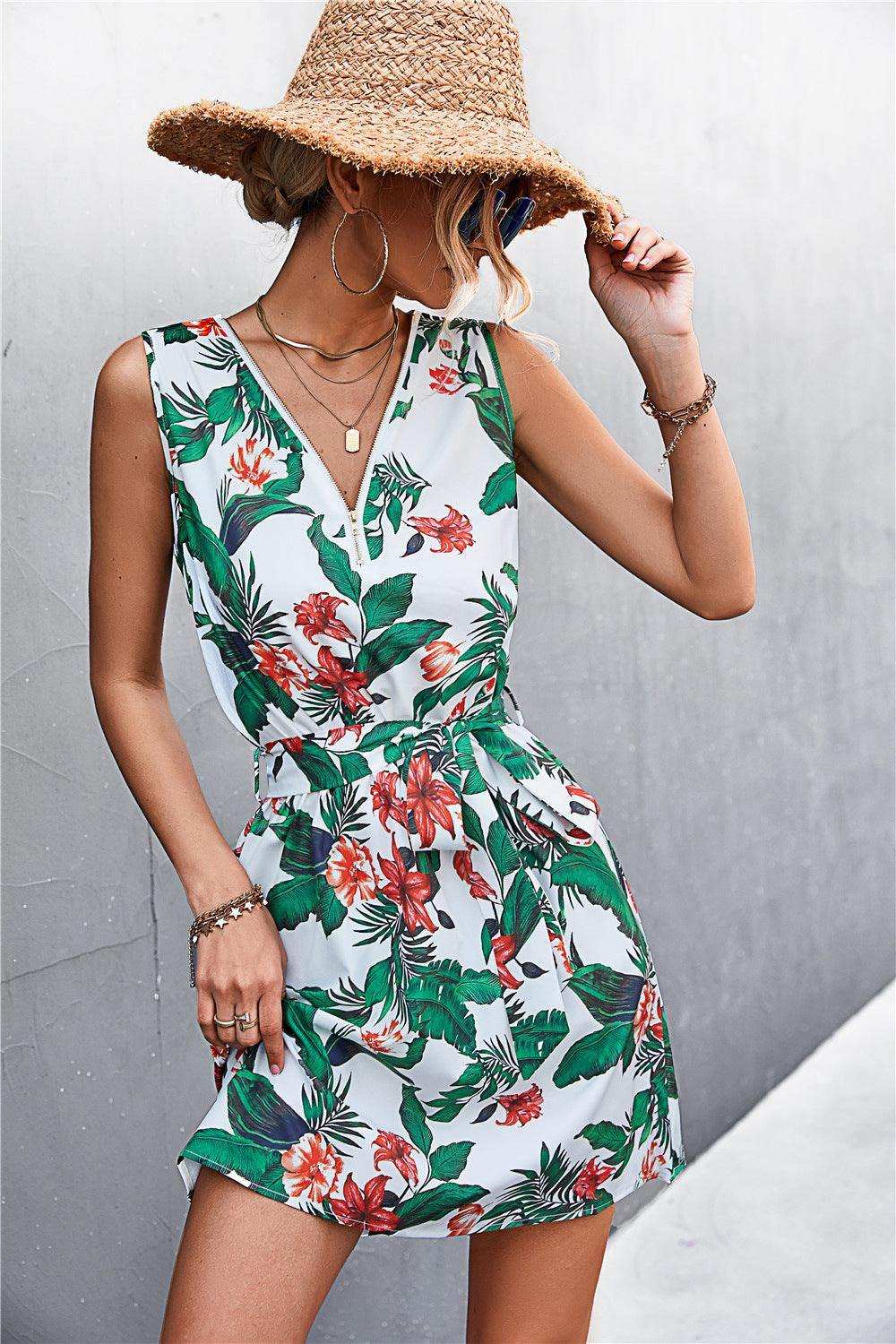 Printed Zip Detail Belted Sleeveless Dress - Trendsi - Flyclothing LLC