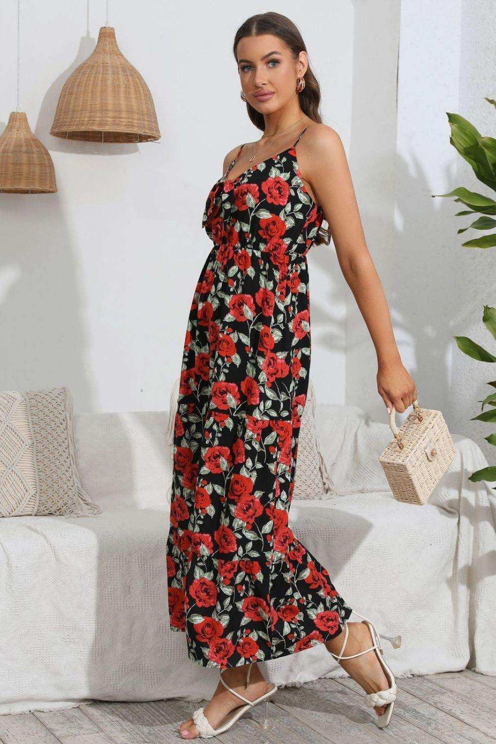 Rose Print Spaghetti Strap Sweetheart Neck Dress - Trendsi - Flyclothing LLC