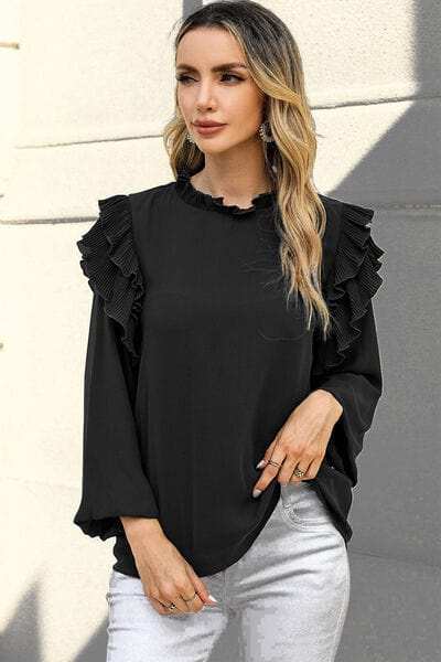 Ruffled Round Neck Long Sleeve Blouse - Trendsi - Flyclothing LLC