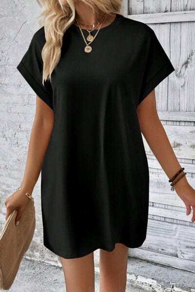 Pocketed Round Neck Short Sleeve Dress - Trendsi - Flyclothing LLC