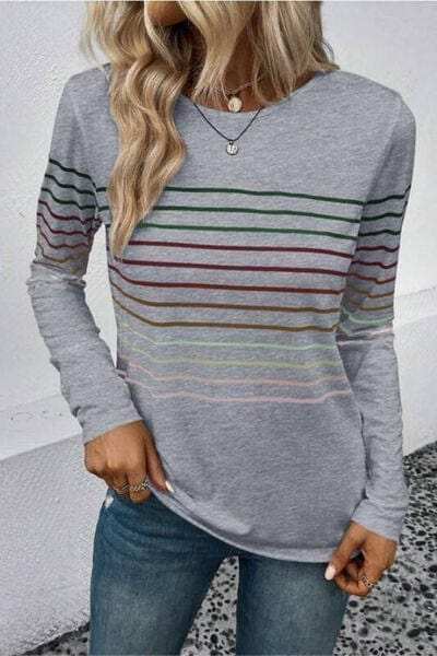 Striped Round Neck Long Sleeve T-Shirt - Trendsi - Flyclothing LLC