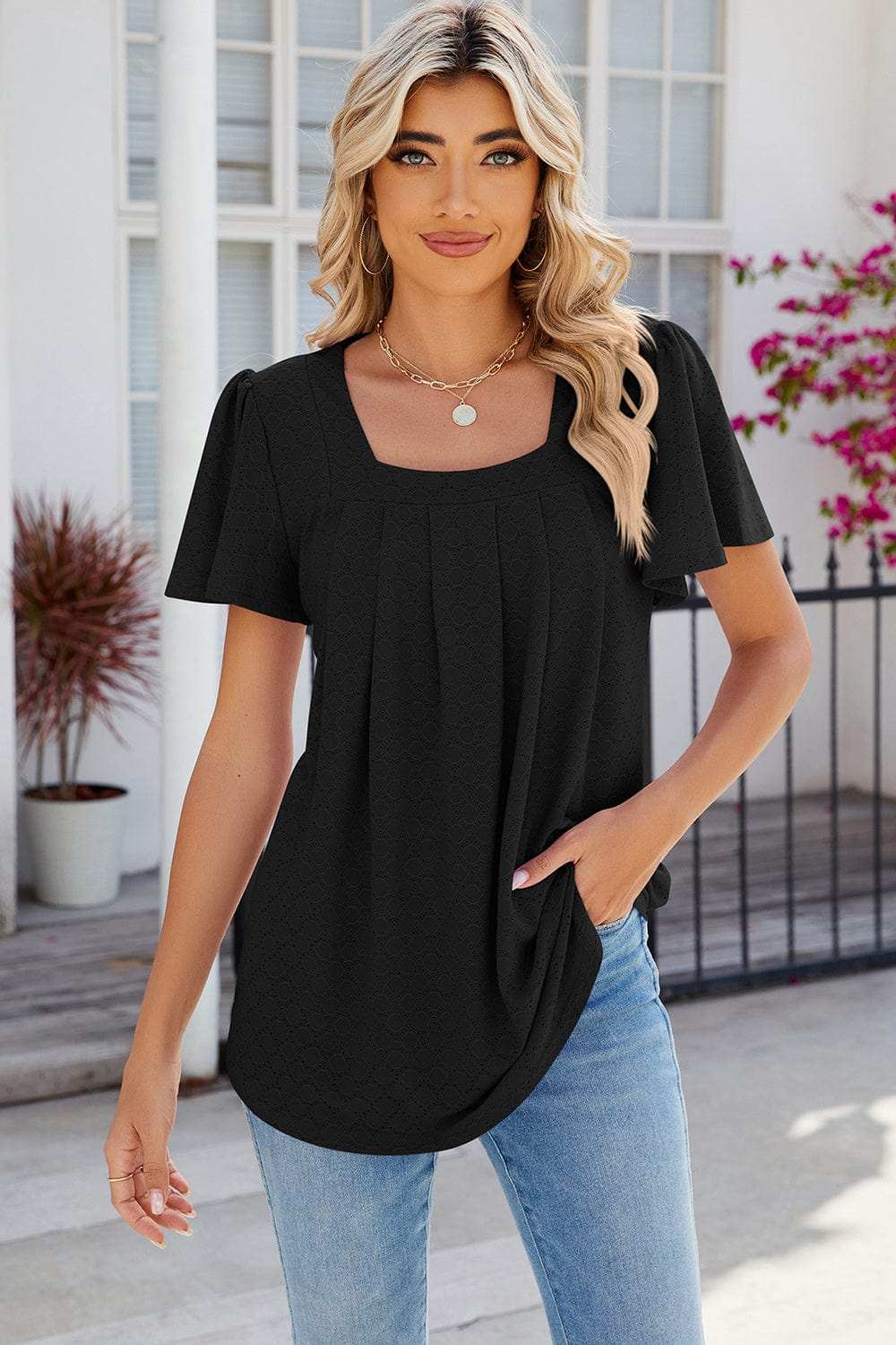 Eyelet Square Neck Flutter Sleeve Blouse - Trendsi - Flyclothing LLC