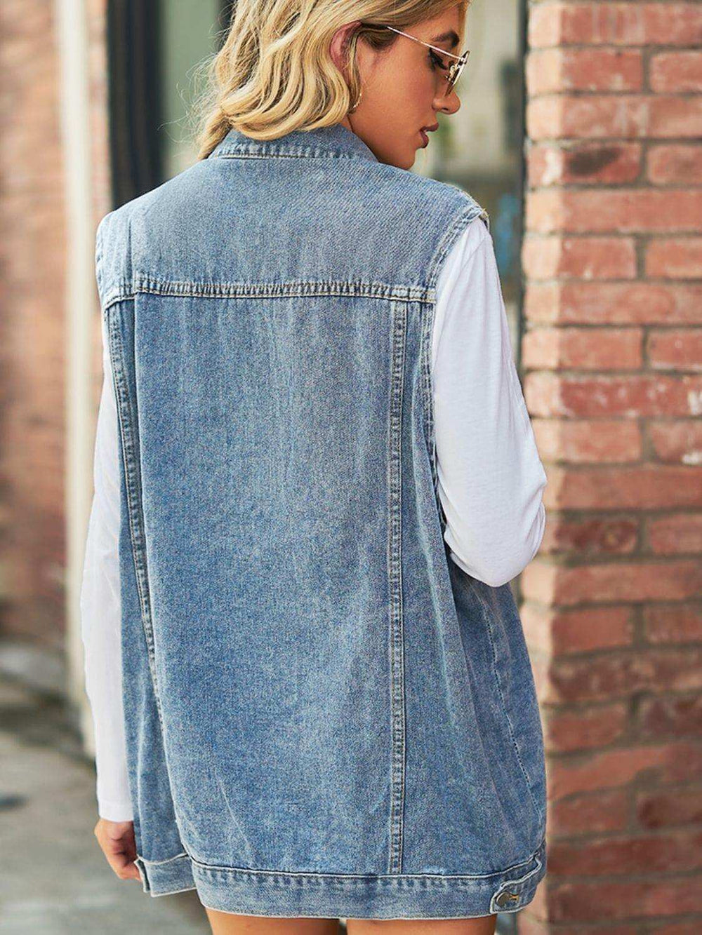 Collared Neck Sleeveless Denim Top with Pockets - Trendsi - Flyclothing LLC