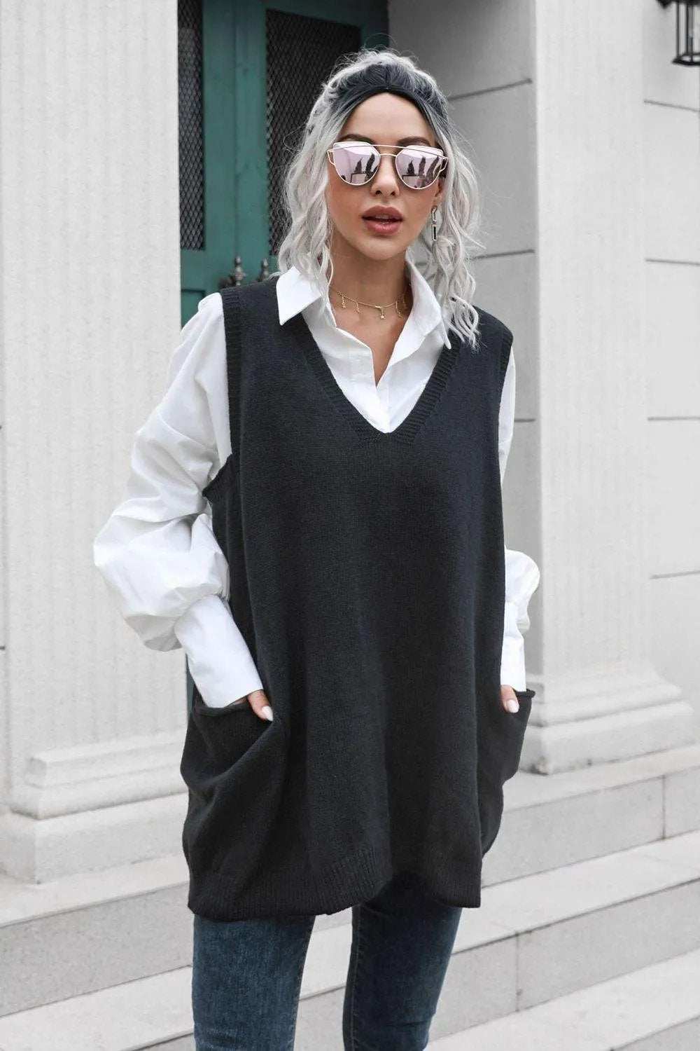 V-Neck Sleeveless Sweater Vest with Pocket - Trendsi - Flyclothing LLC