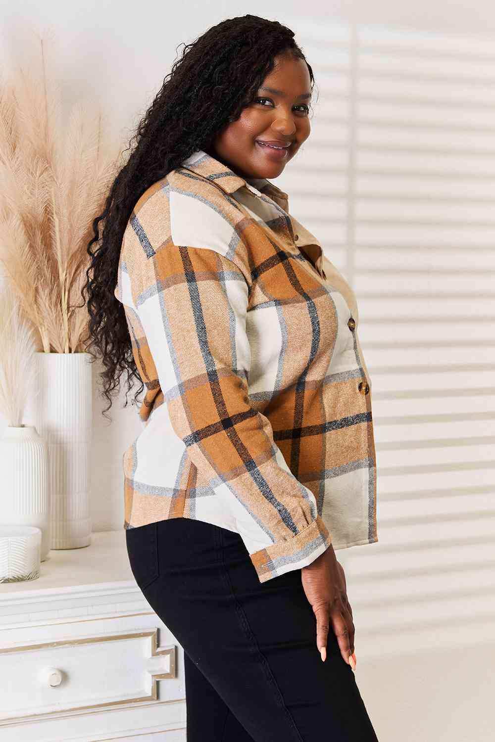 Double Take Plaid Print Dropped Shoulder Shirt - Trendsi - Flyclothing LLC