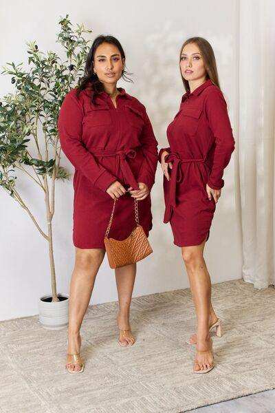 Culture Code Full Size Tie Front Half Zip Long Sleeve Shirt Dress - Trendsi - Flyclothing LLC