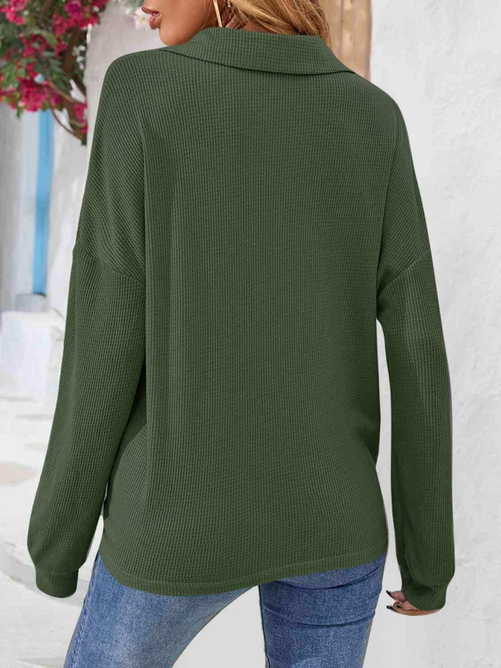Half Button Collared Neck Long Sleeve Top - Trendsi - Flyclothing LLC