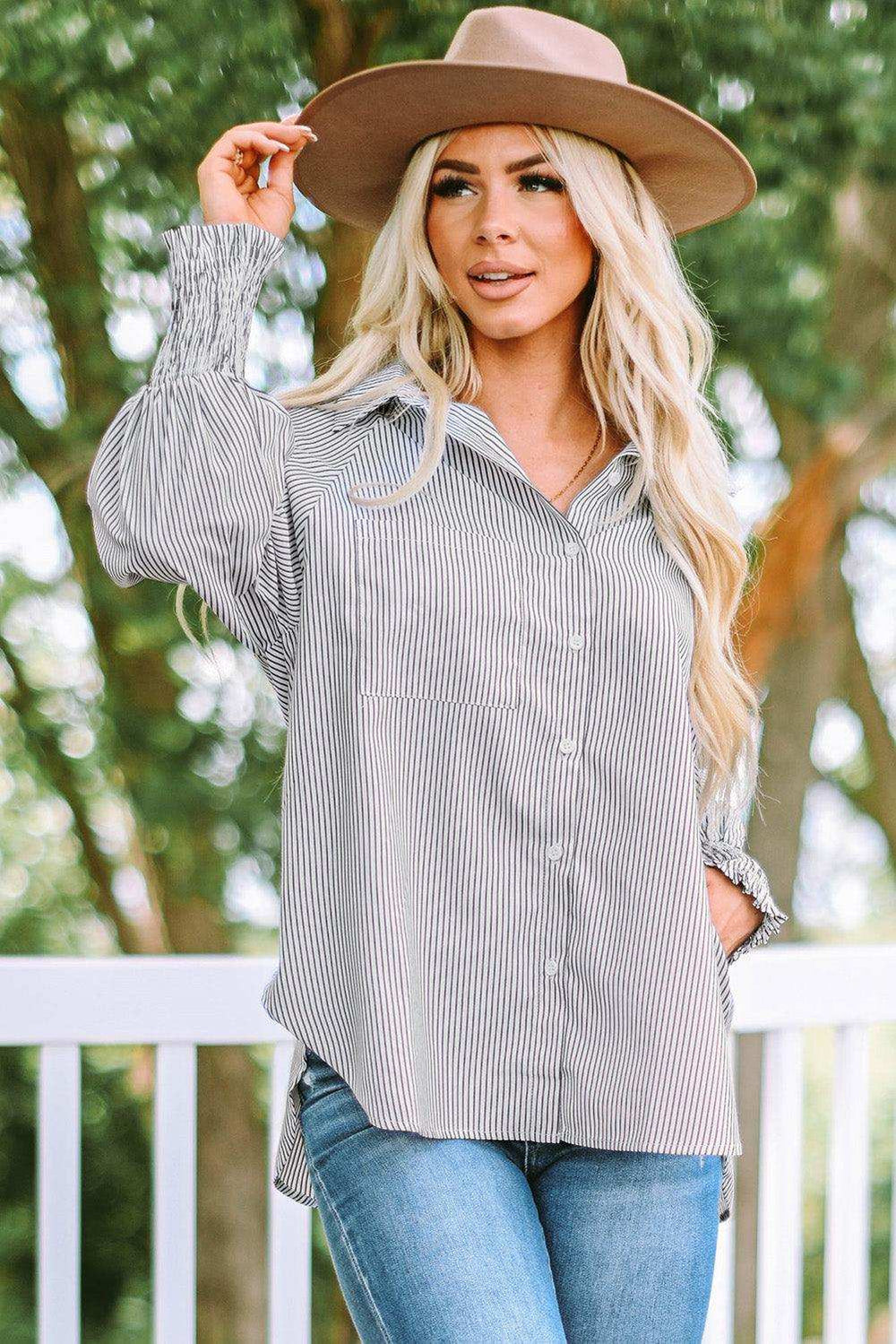 Striped Lantern Sleeve Collared Shirt - Trendsi - Flyclothing LLC
