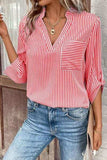 Striped Notched Roll-Tab Sleeve Shirt - Trendsi - Flyclothing LLC