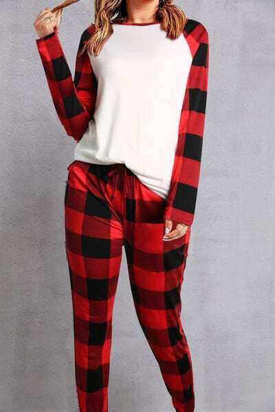 Plaid Round Neck Top and Pants Set - Trendsi - Flyclothing LLC