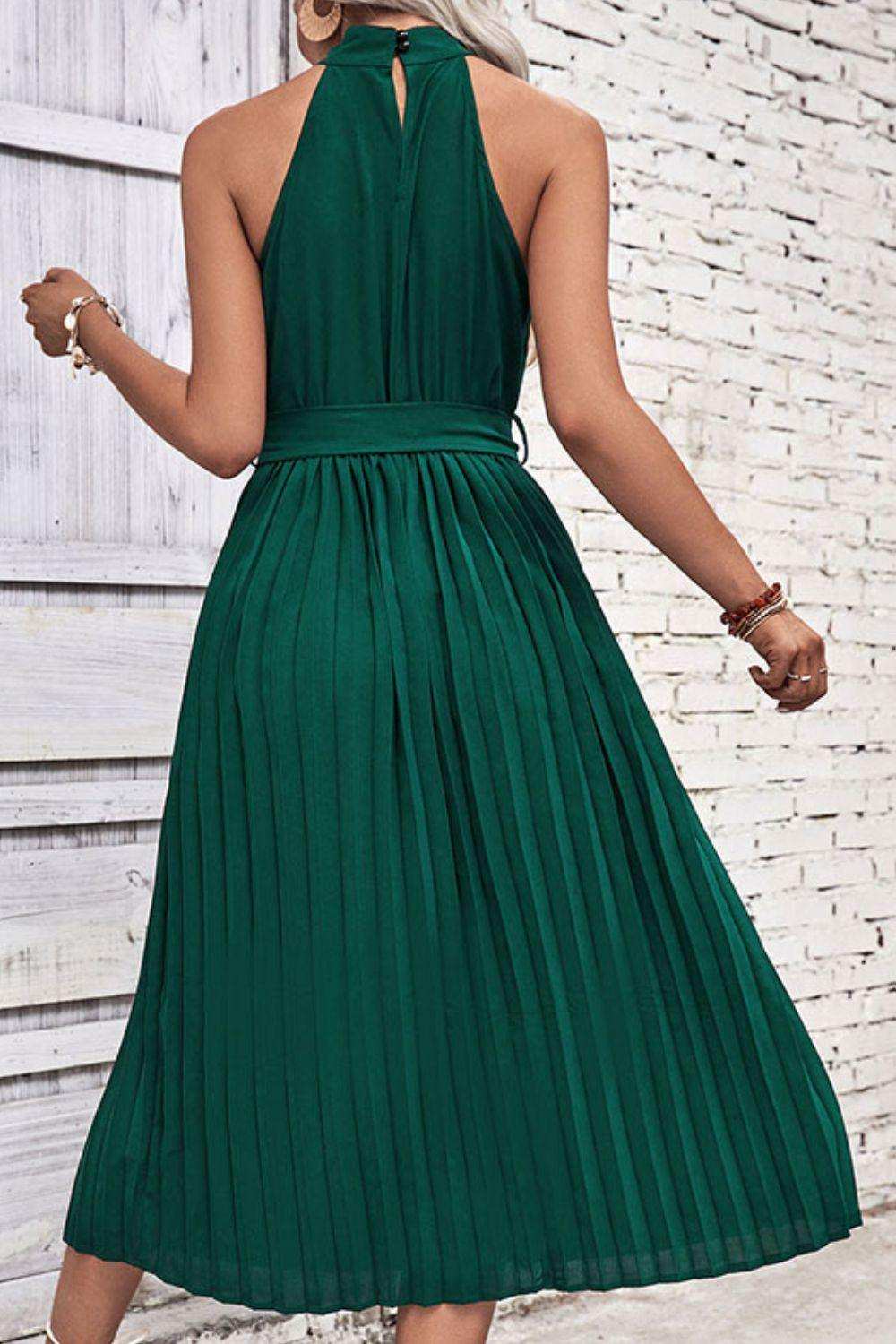 Tie Belt Pleated Midi Dress - Trendsi - Flyclothing LLC