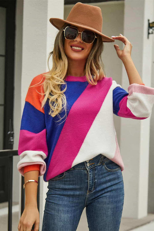 Color Block Round Neck Long Sleeve Sweater - Trendsi - Flyclothing LLC