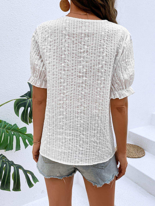 Buttoned V-Neck Flounce Sleeve Top - Trendsi - Flyclothing LLC