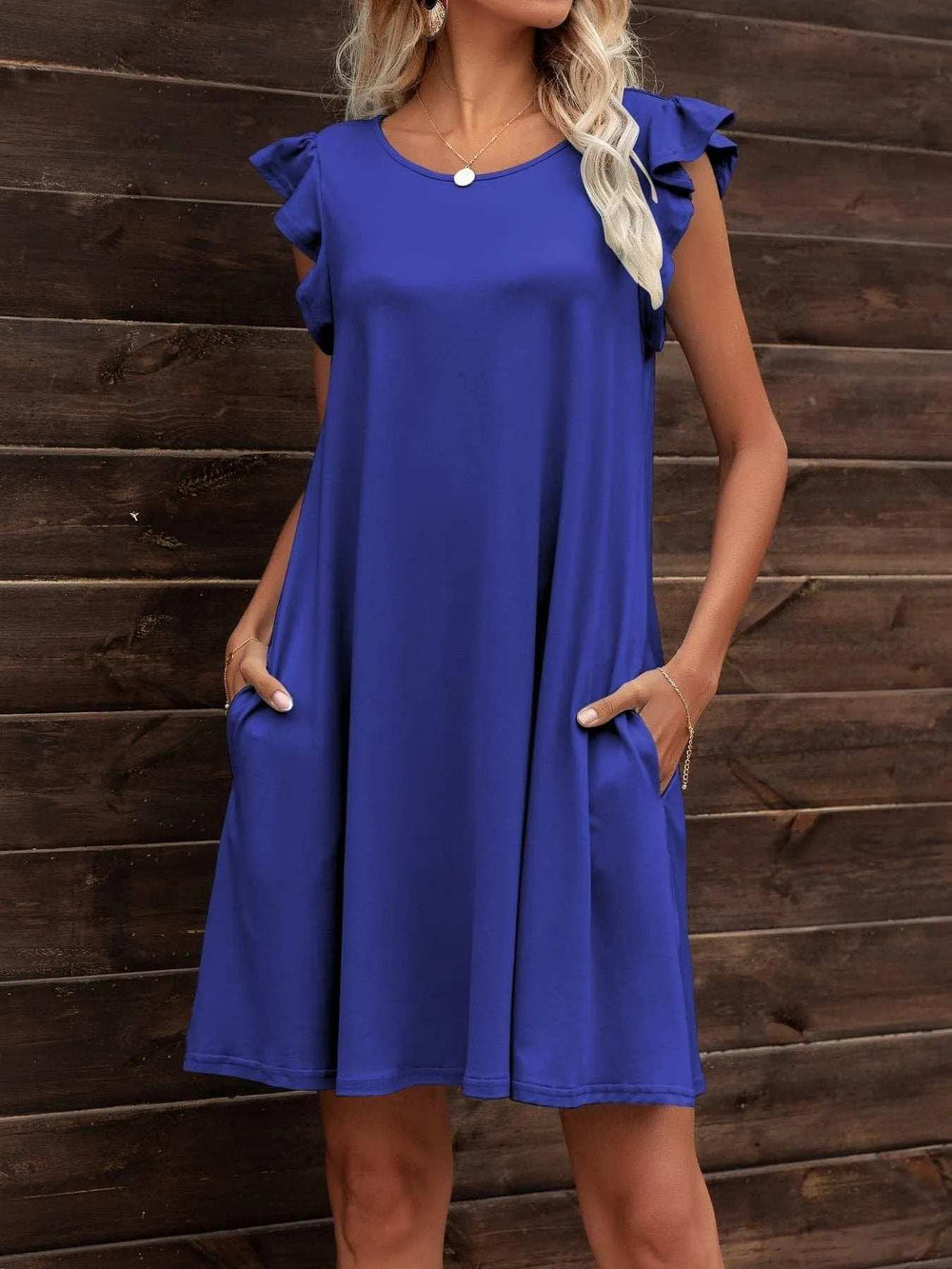 Round Neck Flutter Sleeve Dress with Pockets - Trendsi - Flyclothing LLC