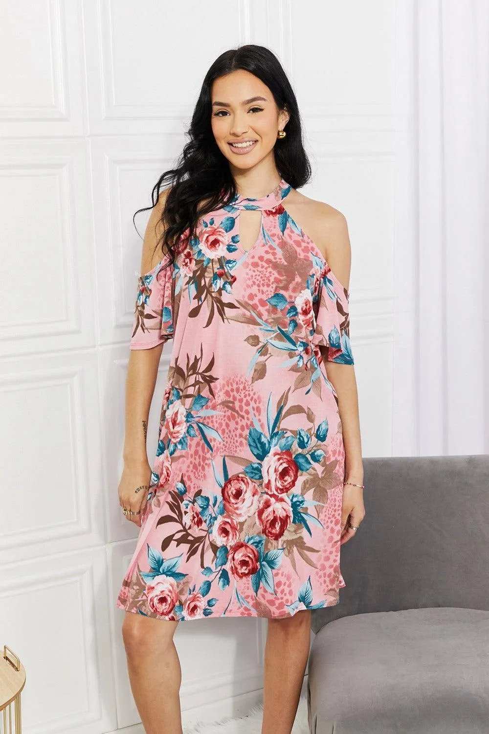 Sew In Love Full Size Fresh-Cut Flowers Cold-Shoulder Dress - Trendsi - Flyclothing LLC