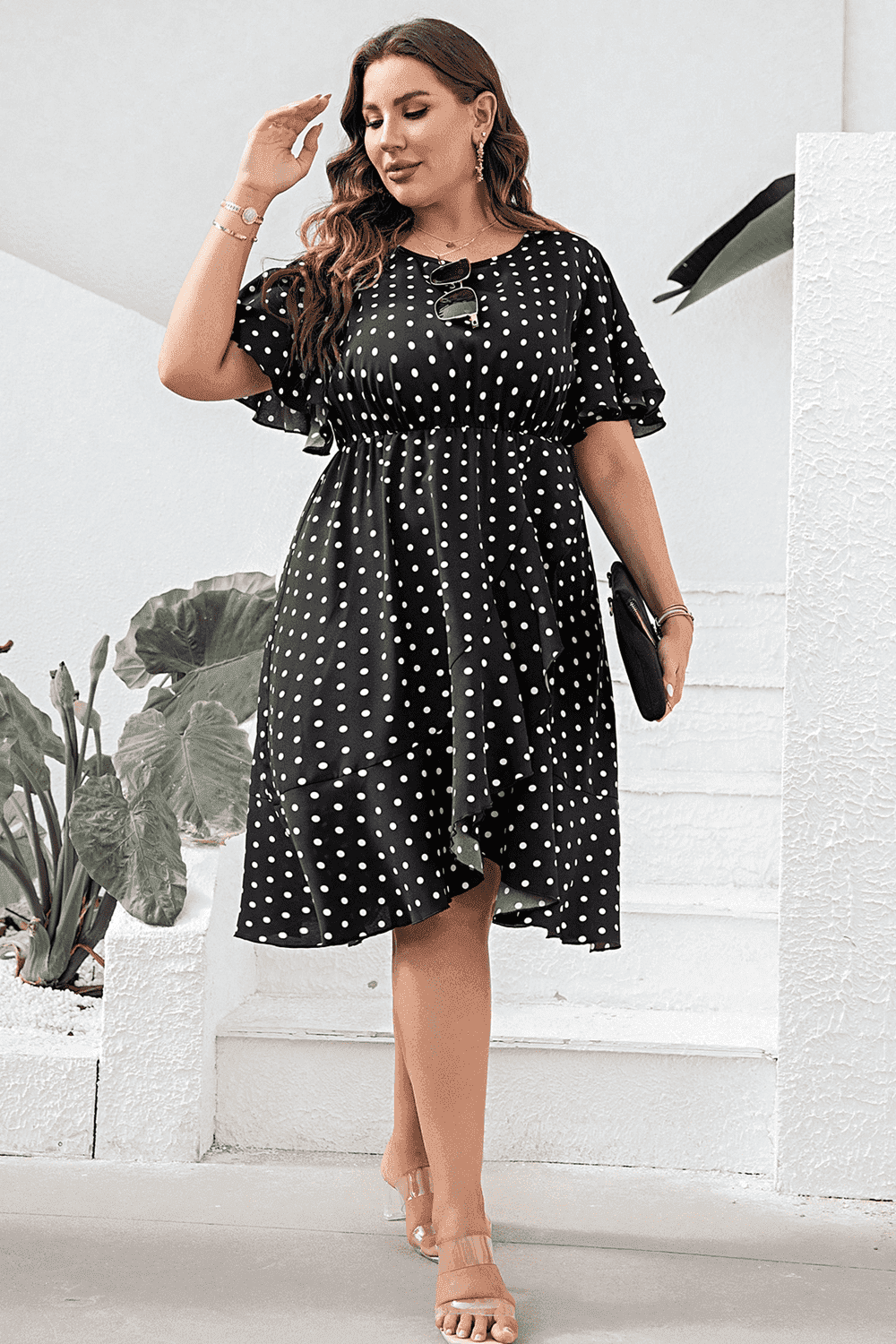 Plus Size Polka Dot Flutter Sleeve Dress - Trendsi - Flyclothing LLC