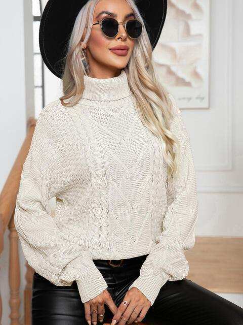 Turtleneck Cable-Knit Long Sleeve Sweater - Trendsi - Flyclothing LLC
