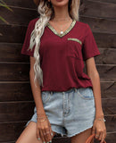 Glitter V-Neck Short Sleeve Tee Shirt - Trendsi - Flyclothing LLC