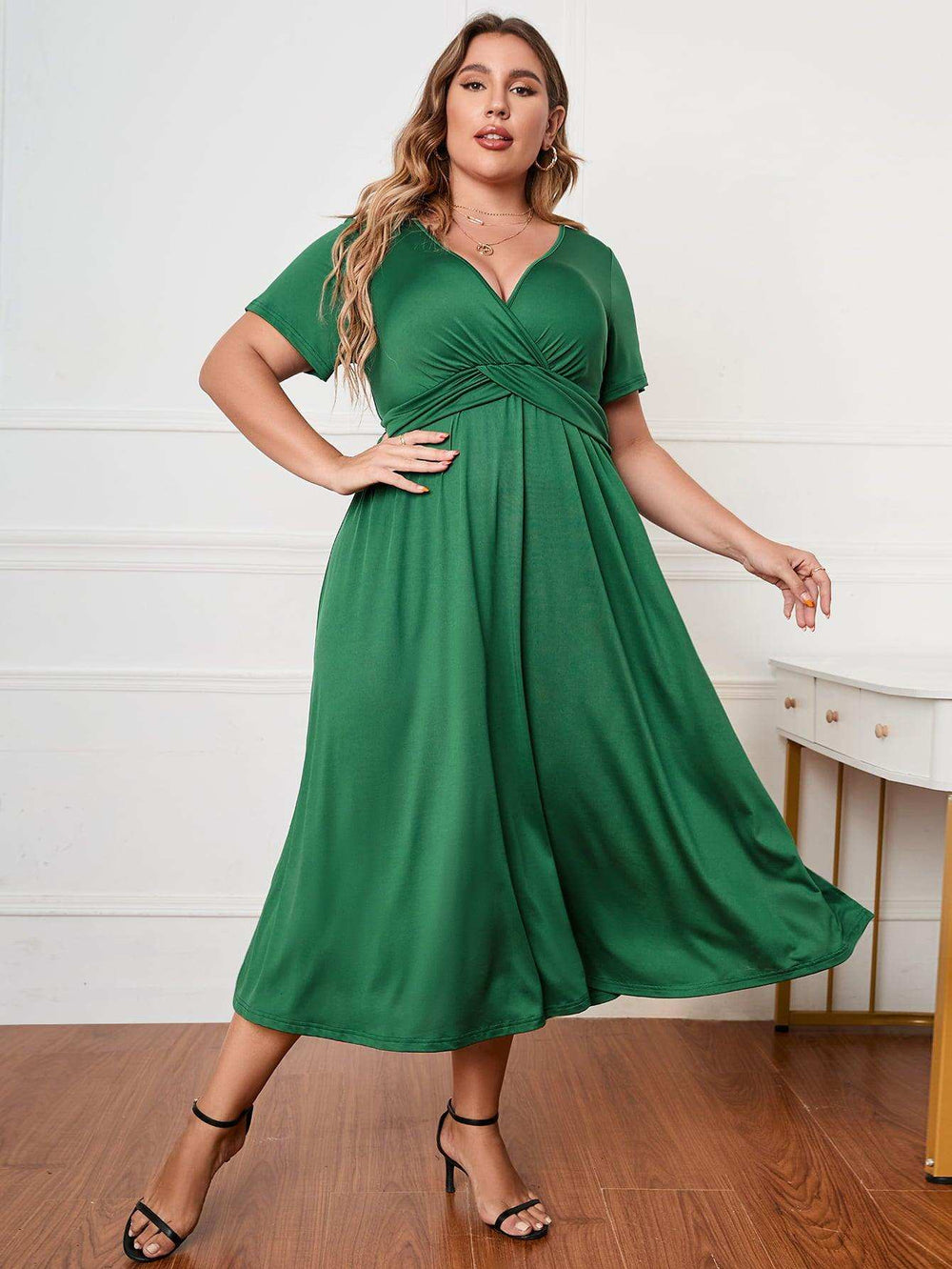 Plus Size Short Sleeve Surplice Neck Midi Dress - Trendsi - Flyclothing LLC