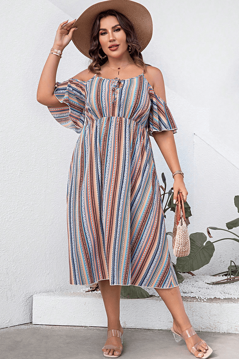Plus Size Striped Cold-Shoulder Dress - Trendsi - Flyclothing LLC