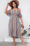 Plus Size Striped Cold-Shoulder Dress - Trendsi - Flyclothing LLC