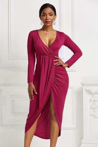 High-low Ruched Surplice Long Sleeve Dress - Trendsi - Flyclothing LLC