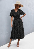 Printed V-Neck Flutter Sleeve Belted Dress - Trendsi - Flyclothing LLC