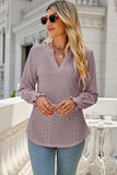 Eyelet Notched Lantern Sleeve T-Shirt - Trendsi - Flyclothing LLC