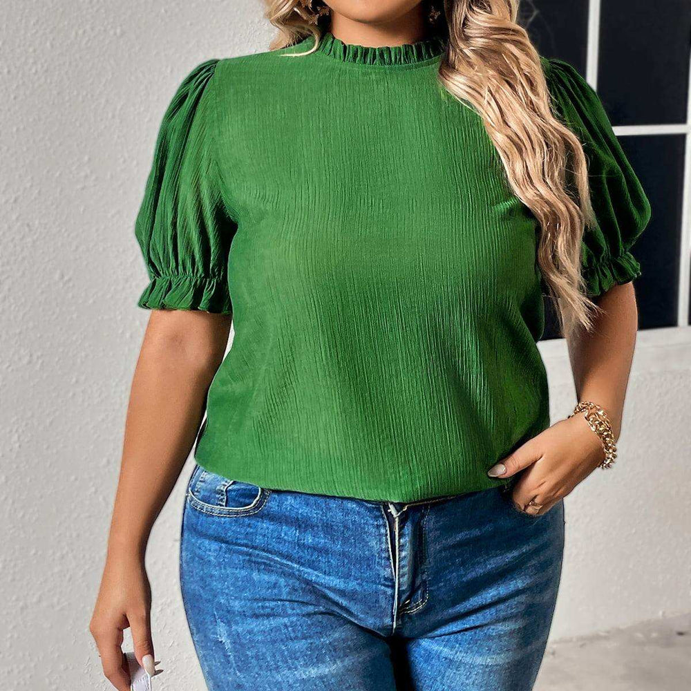 Plus Size Round Neck Flounce Sleeve Blouse - Trendsi - Flyclothing LLC