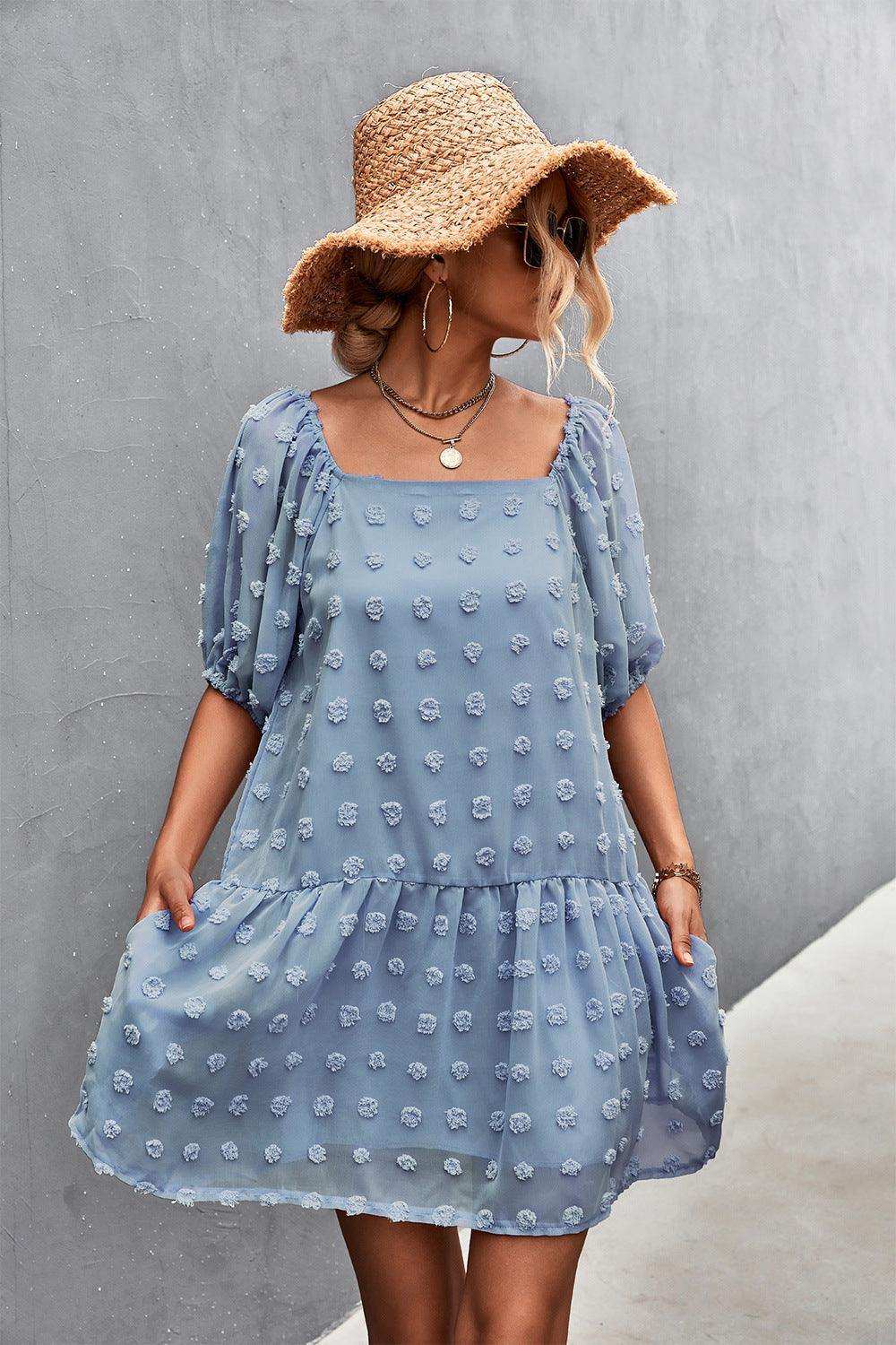 Swiss Dot Square Neck Half Balloon Sleeve Dress - Trendsi - Flyclothing LLC