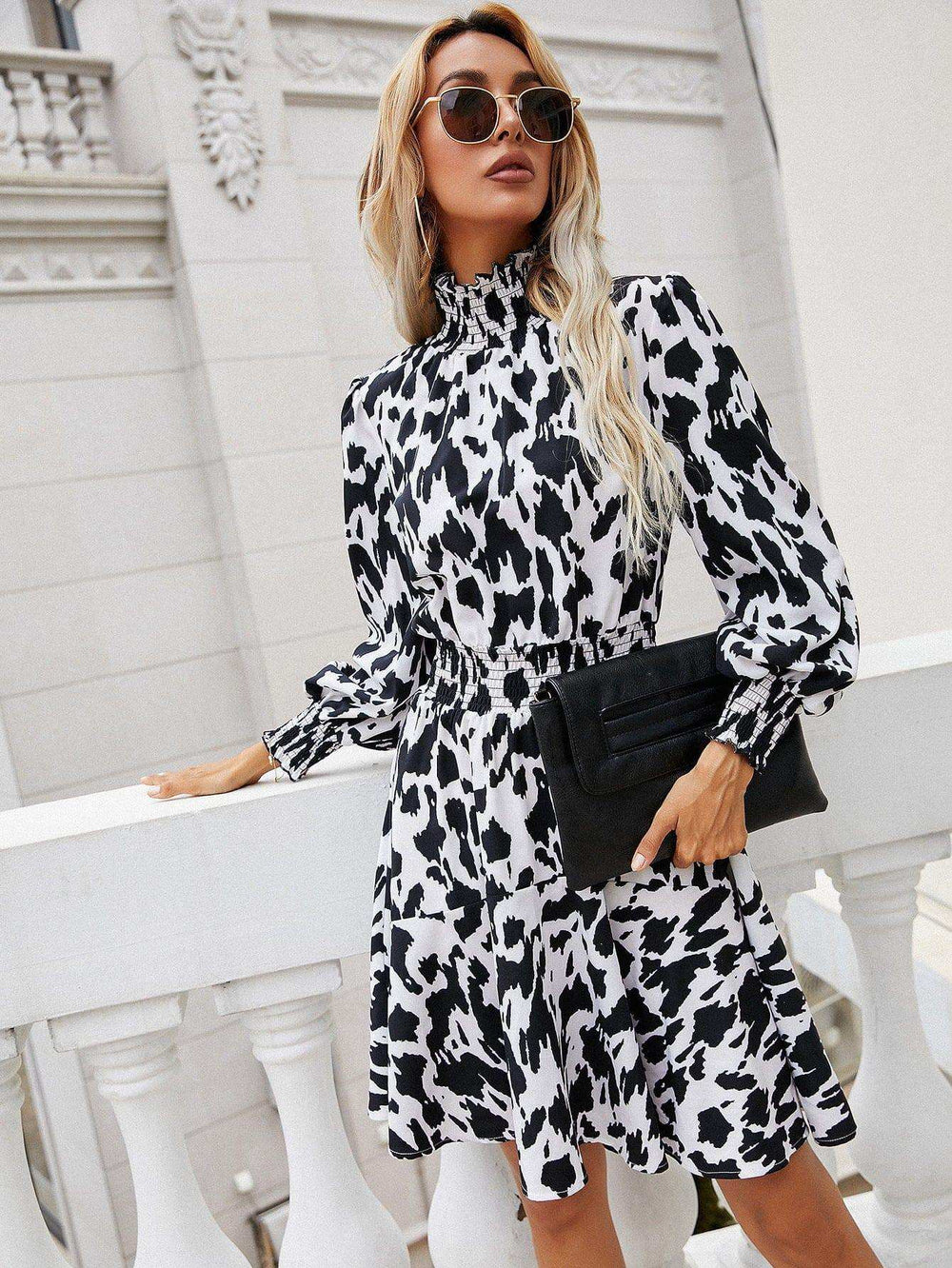 Printed Lantern Sleeve Turtleneck Dress - Trendsi - Flyclothing LLC