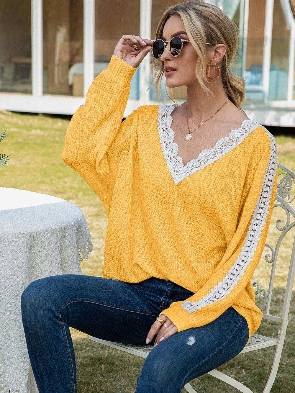 Contrast Spliced Lace V-Neck Top - Trendsi - Flyclothing LLC