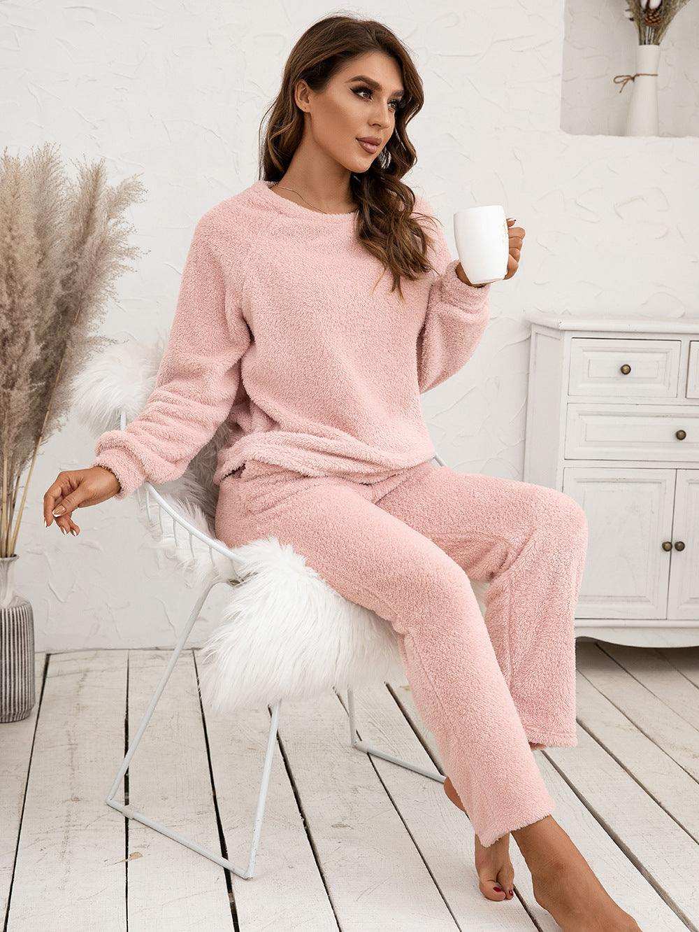 Teddy Long Sleeve Top and Pants Lounge Set - Trendsi - Flyclothing LLC
