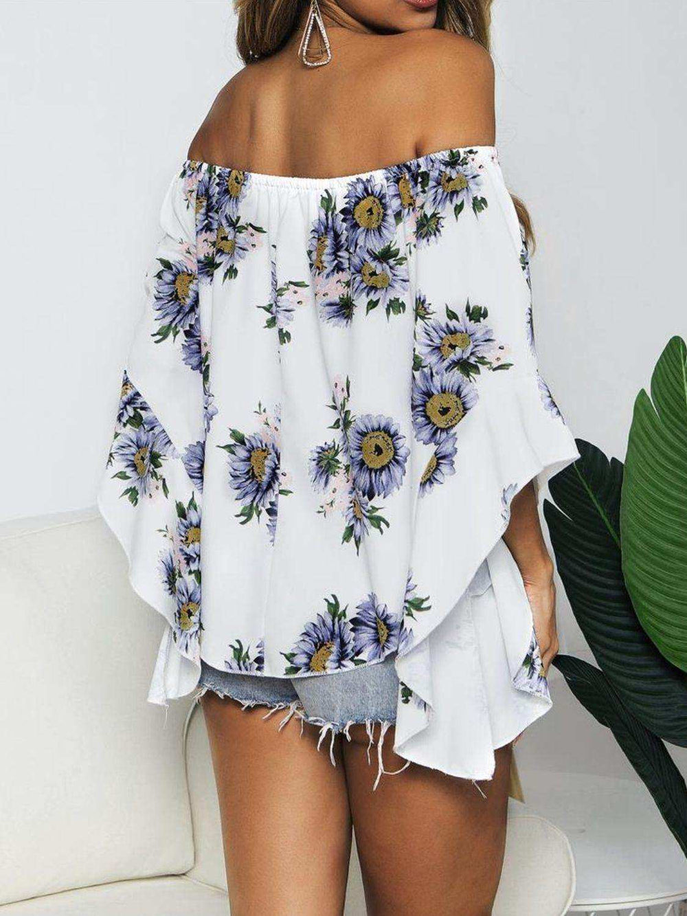 Floral Print Off-Shoulder Flounce Sleeve Blouse - Trendsi - Flyclothing LLC