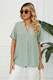 Side Slit Notched Neck Cuffed Short Sleeve Blouse - Trendsi - Flyclothing LLC