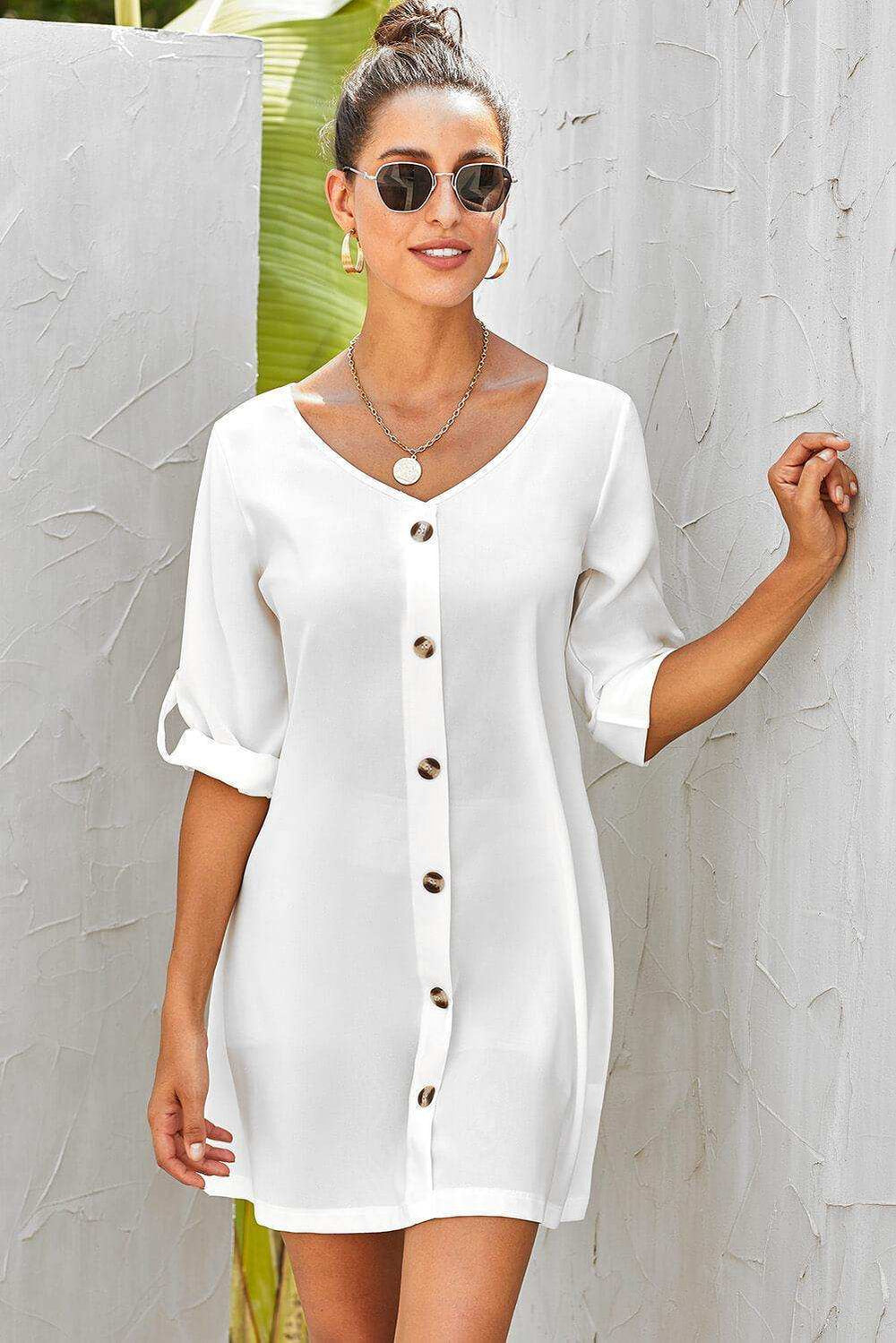 Buttoned V-Neck Dress - Trendsi - Flyclothing LLC