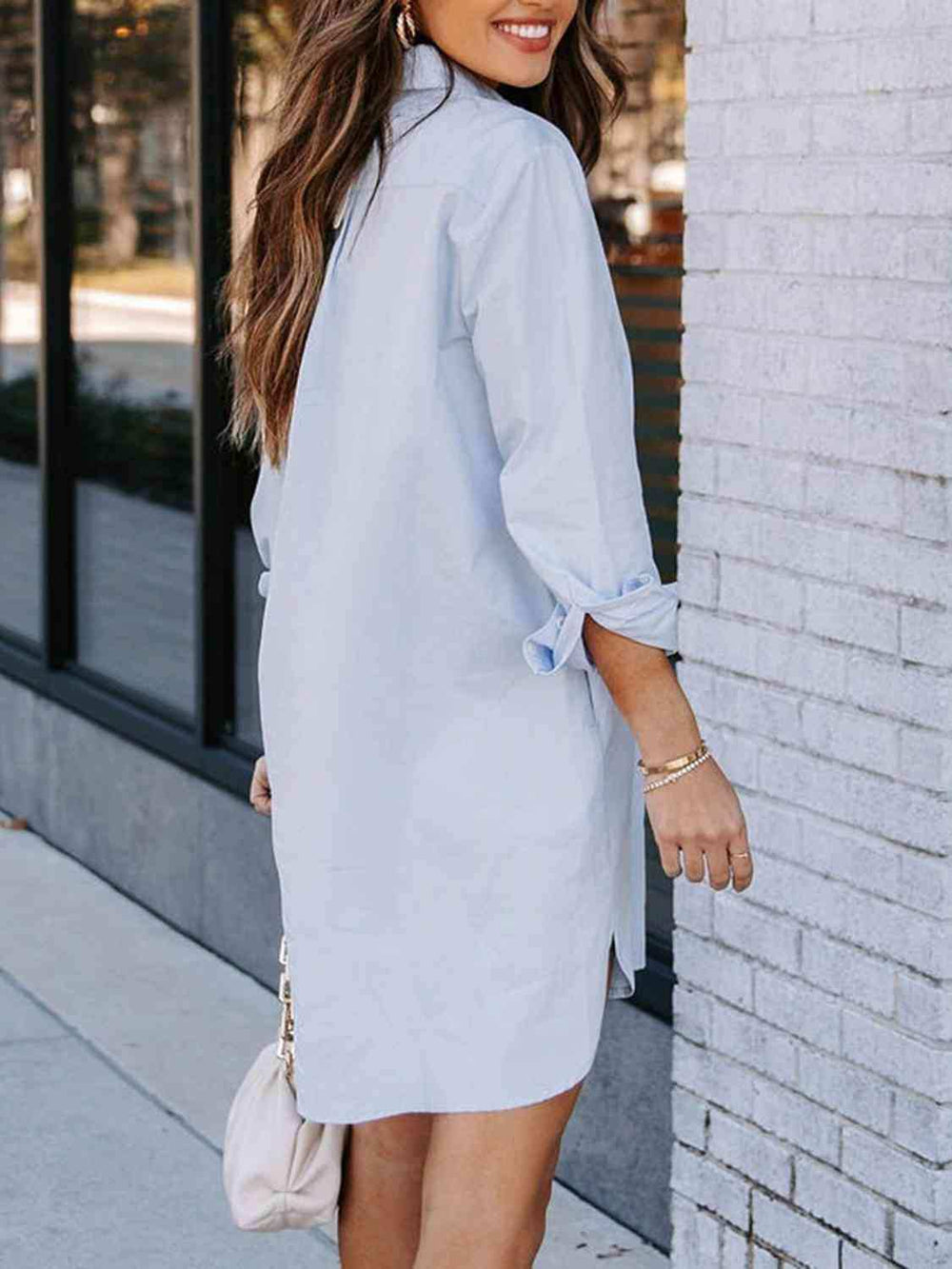 Button Up Collared Neck Long Sleeve Shirt Dress - Trendsi - Flyclothing LLC