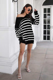 Striped V-Neck Drop Shulder Sweater Dress - Trendsi - Flyclothing LLC