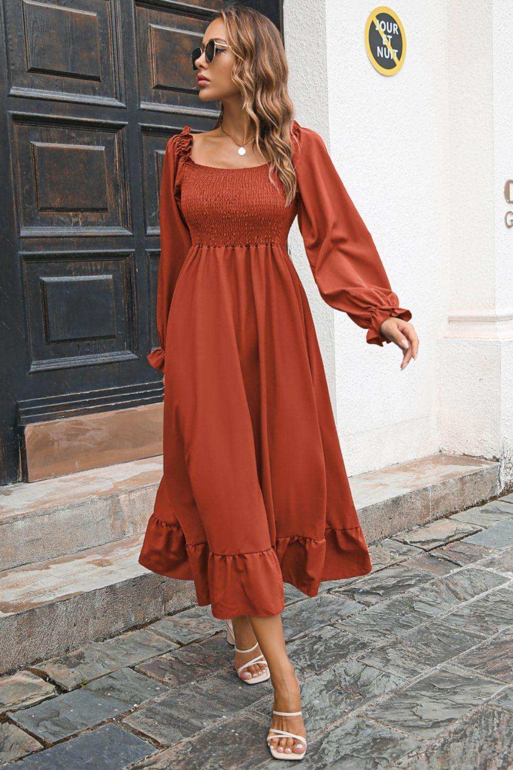 Smocked Ruffle Hem Flounce Sleeve Dress - Trendsi - Flyclothing LLC