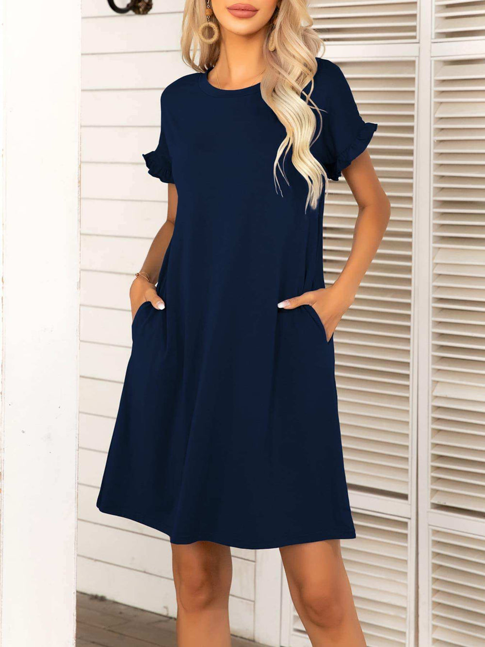Round Neck Flounce Sleeve Dress with Pockets - Trendsi - Flyclothing LLC
