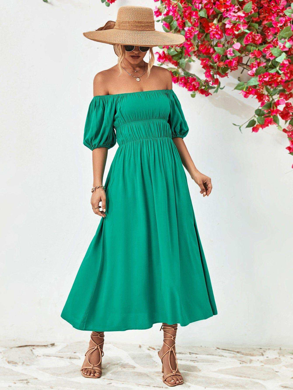 Off-Shoulder Balloon Sleeve Midi Dress - Trendsi - Flyclothing LLC